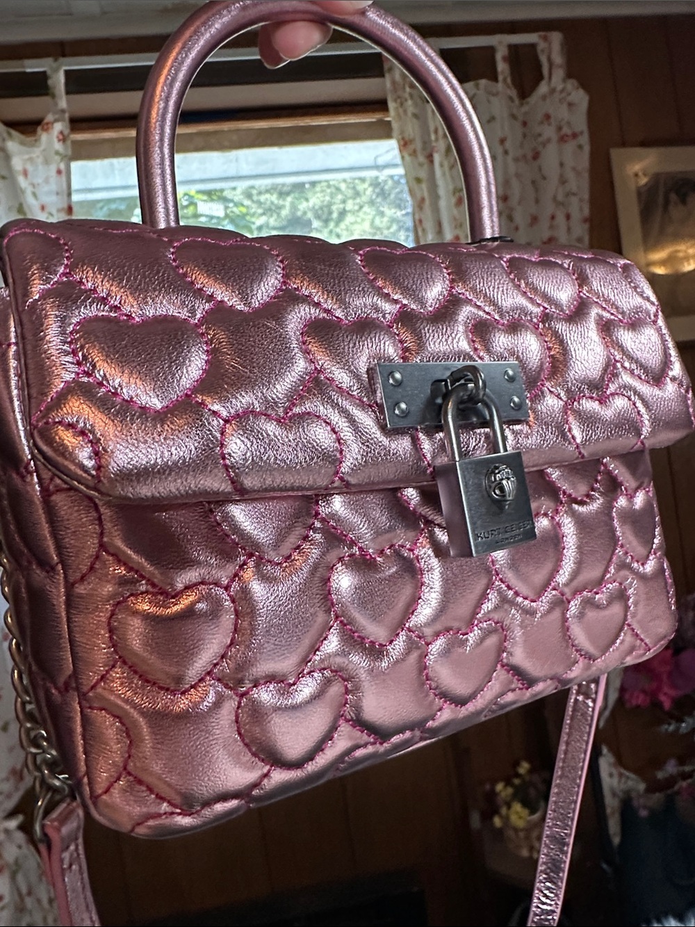 Kurt Geiger • The Brixton Quilted Heart Metallic Leather Top Handle Purse - Picture 16 of 17